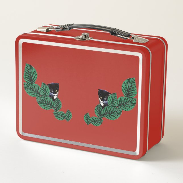 Zwei Kätzchen mit Blätter Metall Lunch Box (Vorderseite)