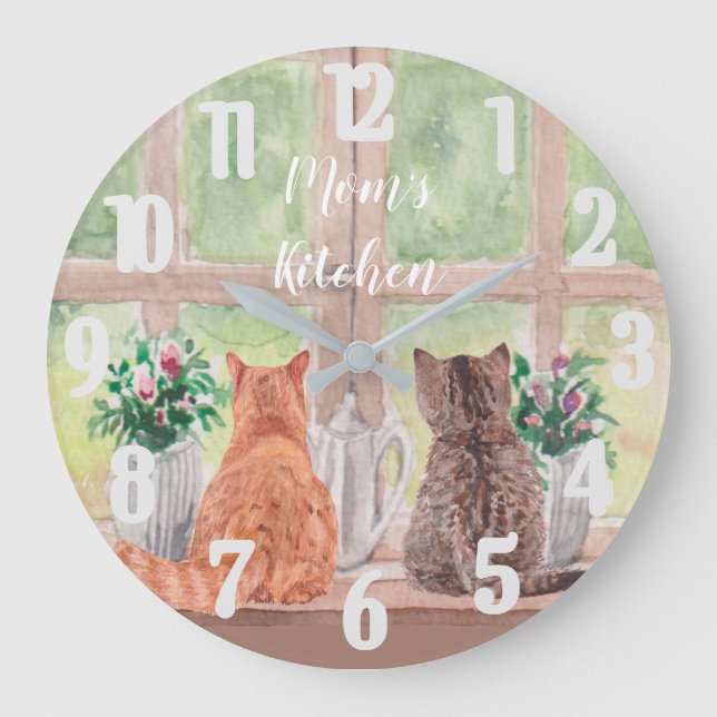 Zwei Katzen am Fenster Landschaftliche Blume Große Wanduhr (Vorderseite)