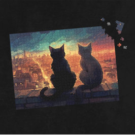 Zwei Katzen auf der Dachterrasse mit Blick auf Sta