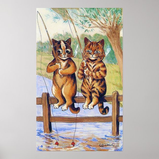 Zwei Katzen beim Fischen, Louis Wain Poster (Vorne)