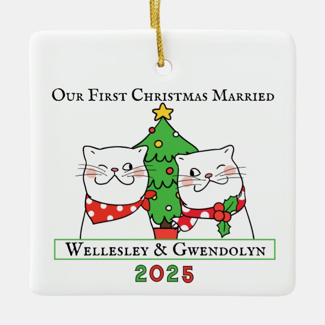 Zwei Katzen Erste Weihnachten Verheiratet Keramikornament (Vorderseite)