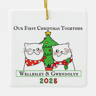 Zwei Katzen feiern ihr erstes Weihnachten zusammen Keramikornament