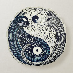 Zwei Katzen im gepunkteten Yin Yang-Design Rundes Kissen