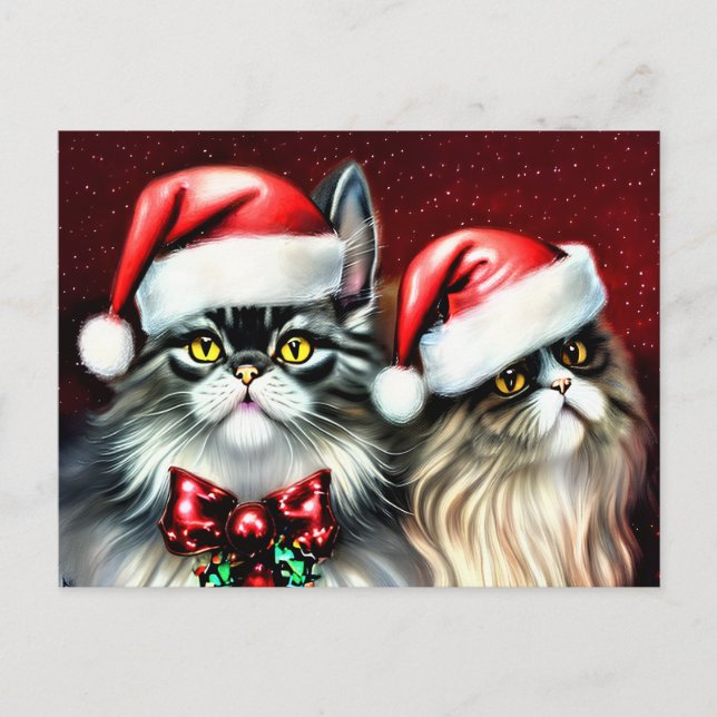 Zwei Katzen in Weihnachtsmannmütze Postkarte (Vorderseite)
