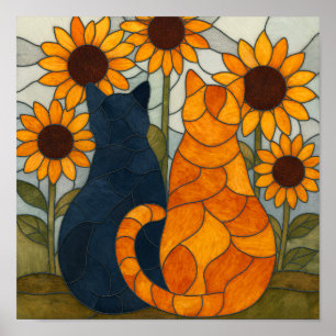 Zwei Katzen mit Sonnenblumen Buntglas-Muster Poster
