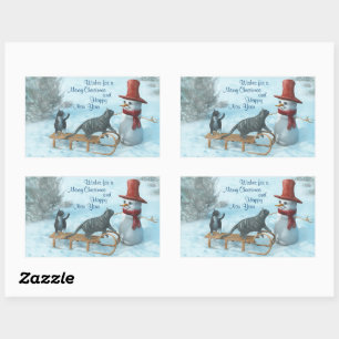 Zwei Katzen und ein Schneemann Rechteckiger Aufkleber
