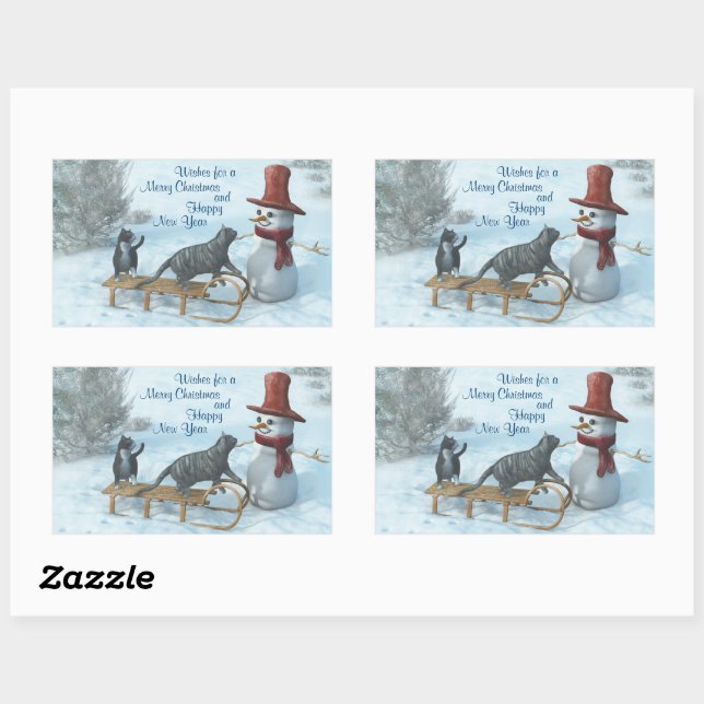 Zwei Katzen und ein Schneemann Rechteckiger Aufkleber (Blatt)