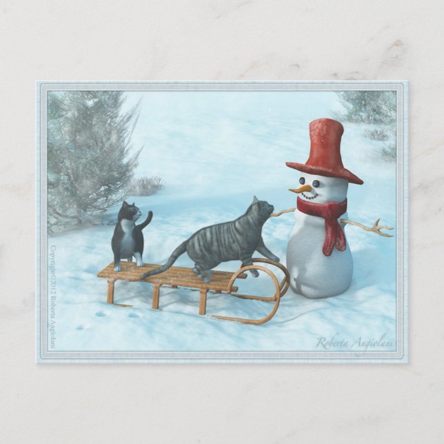 Zwei Katzen und eine Snowman Postkarte (Vorderseite)