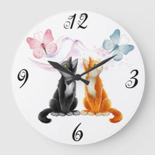 Zwei Katzen und Schmetterlinge Wall Clock Große Wanduhr