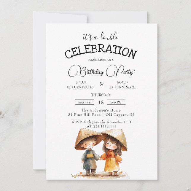 Zwei Kinder Orientalisch Ostasien Doppelgeburt Par Einladung (Vorderseite)