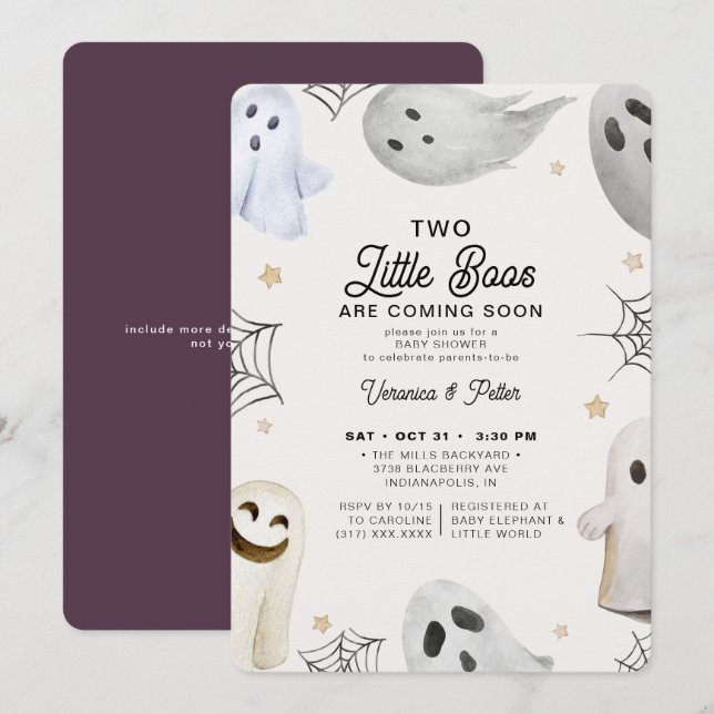 Zwei kleine Boos Girl Twins Halloween Babydusche Einladung (Vorne/Hinten)