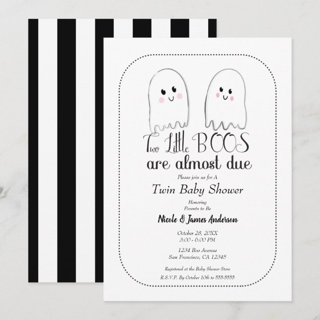 Zwei kleine BOOS Twin Ghosts Halloween Kinderdusch Einladung (Vorne/Hinten)