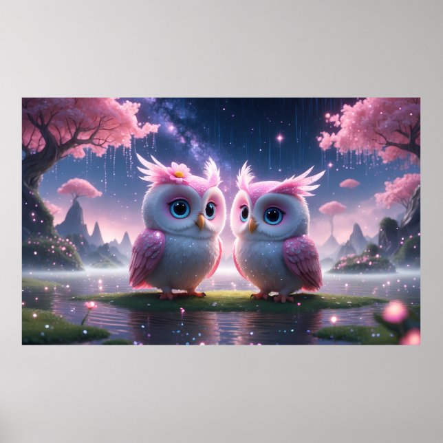 Zwei kleine Eulen in einer Traumwelt  Poster (Vorne)