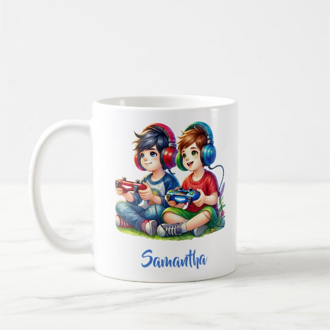 Zwei kleine Jungs spielen Videospielkopfhörer Kaffeetasse (Links)
