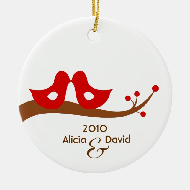 Zwei kleine Lovebirds-Weihnachtsbaum-Verzierung Keramik Ornament (Vorne)