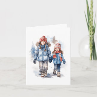 Zwei kleine Mädchen wandern im Schnee. Blindkarte Dankeskarte
