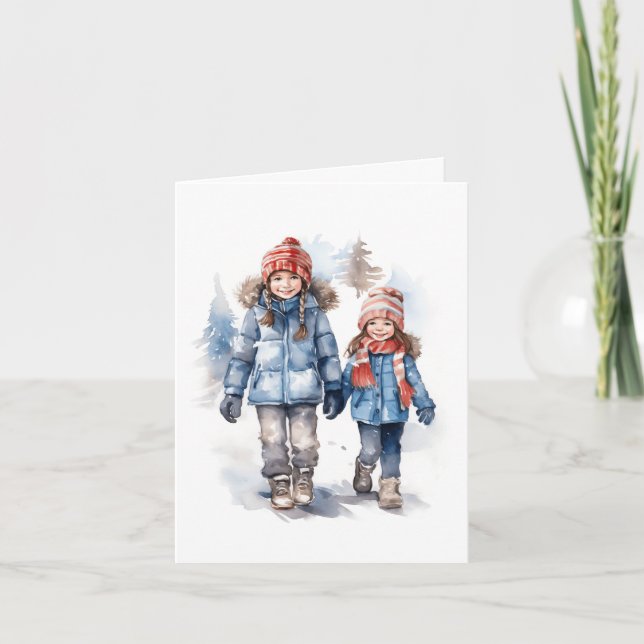 Zwei kleine Mädchen wandern im Schnee. Blindkarte Dankeskarte (Vorderseite)