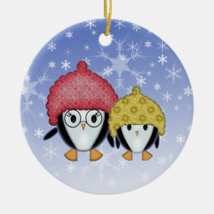 Zwei kleine Pinguine Weihnachts-Schmuckanhänger Keramik Ornament