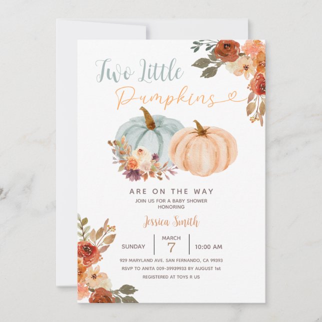 Zwei kleine Pumpkins Blue Mint & Peach Baby Dusche Einladung (Vorderseite)