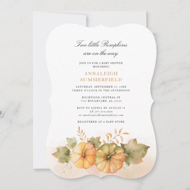 Zwei kleine Pumpkins Fall Twins Baby Dusche Einladung (Vorderseite)