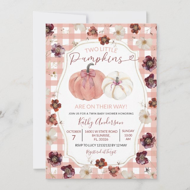 Zwei kleine Pumpkins Pink Floral Twin Baby Dusche Einladung (Vorderseite)
