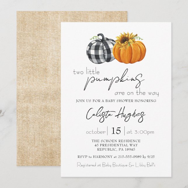 Zwei kleine Pumpkins Sonnenblume Twins Baby Dusche Einladung (Vorne/Hinten)