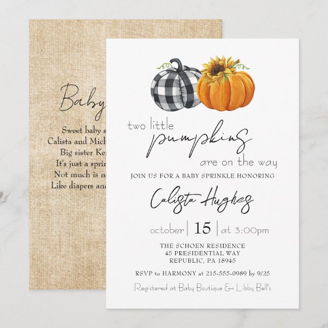 Zwei kleine Pumpkins Sonnenblume Twins Baby Sprink Einladung (Vorne/Hinten)