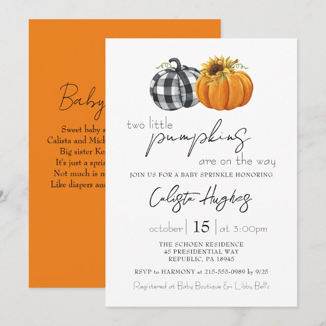 Zwei kleine Pumpkins Sonnenblume Twins Baby Sprink Einladung (Vorne/Hinten)