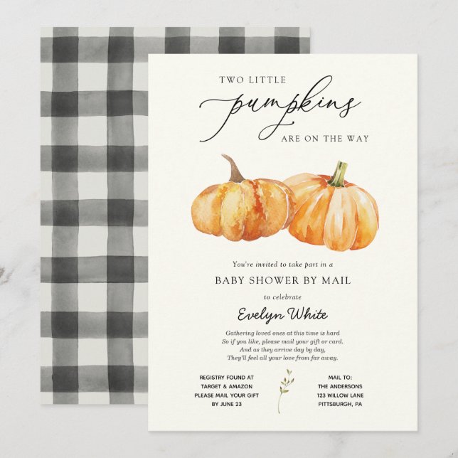 Zwei kleine Pumpkins Twin Baby Dusche per Mail Einladung (Vorne/Hinten)