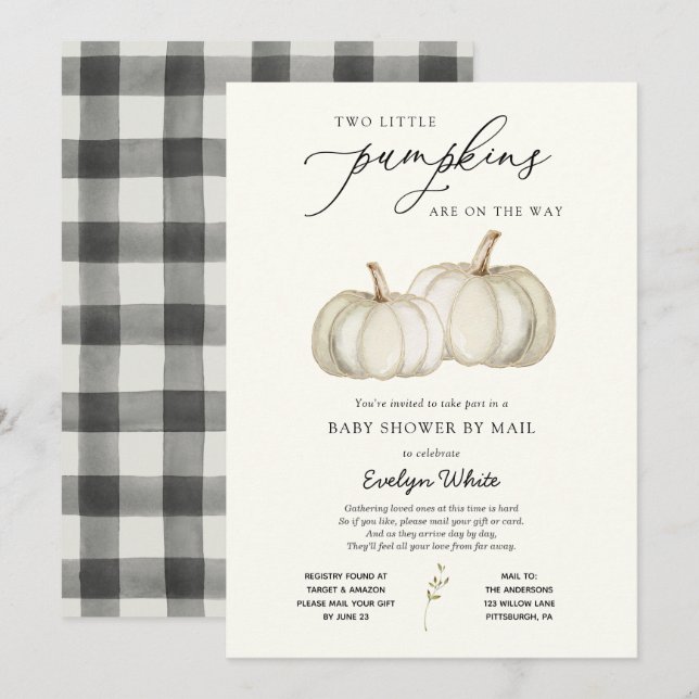 Zwei kleine Pumpkins Twin Baby Dusche von Mail Inv Einladung (Vorne/Hinten)