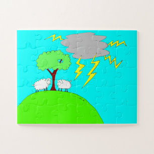 Zwei kleine Schafe unter einer Wolke