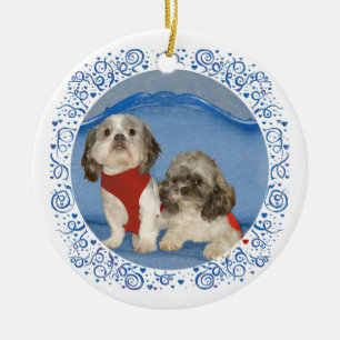Zwei kleine Shih Tzu Rettungshunde Keramik Ornament