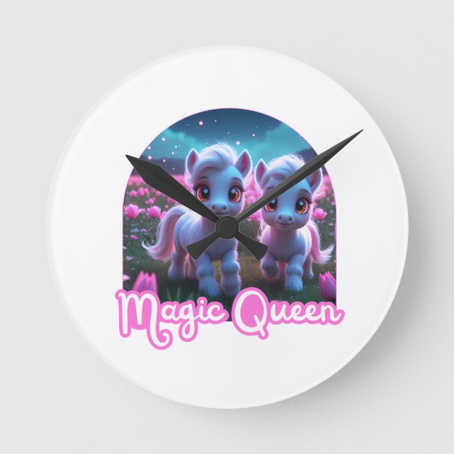 Zwei kleine süße Ponys - Magic Queen Runde Wanduhr (Vorderseite)