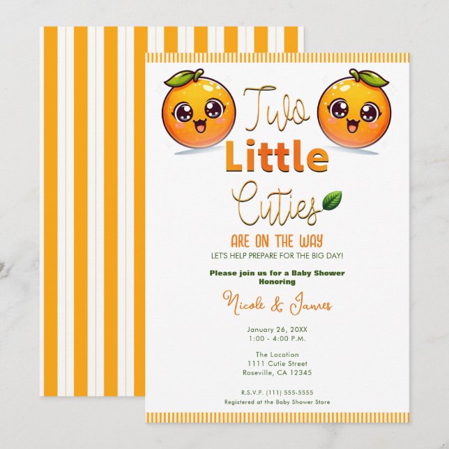 Zwei kleine Süssen Orange Twins Babydusche Einladung (Vorne/Hinten)