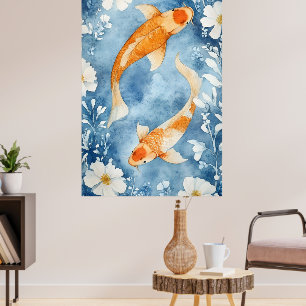 Zwei Koi-Karpfen schwimmen zwischen Blumen.  Poster