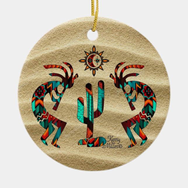 Zwei Kokoplelli spielen Flute Keramik Ornament (Vorne)
