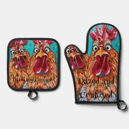 Zwei komische Rooster Ofenhandschuh & Topflappen-Set
