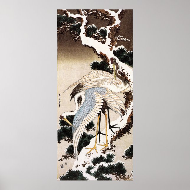 Zwei Krane auf schneebedeckten Kiefern, Hiroshige Poster (Vorne)