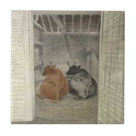 Zwei Kühe in einem Stabil (von Eric Ravilious) Fliese