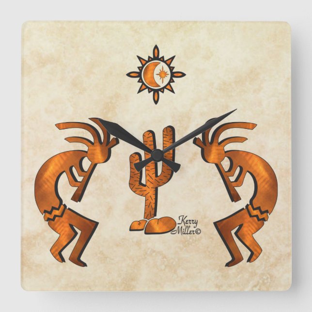Zwei Kupfer-Südwest-Kokopelli-Quadrat-Wall-Uhr Quadratische Wanduhr (Vorderseite)