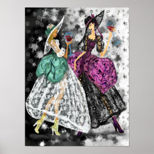Zwei Ladys in Schwarz und Weiß, moderne Spitzenkle Poster