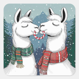 Zwei Lamas küssen und teilen eine Candy Cane Quadratischer Aufkleber