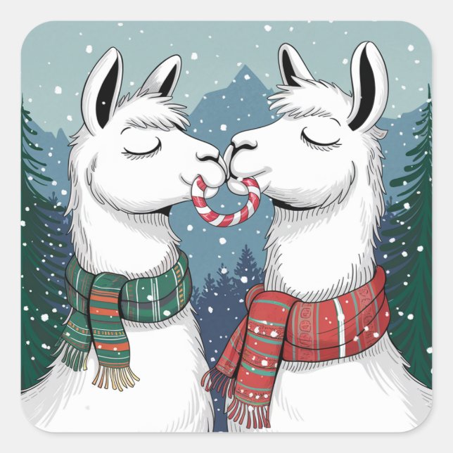 Zwei Lamas küssen und teilen eine Candy Cane Quadratischer Aufkleber (Vorderseite)