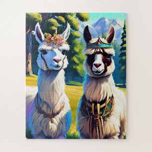 Zwei Lamas stehen nebeneinander