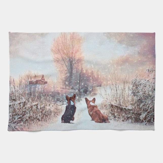 Zwei Länder walisische Corgis im Schnee Geschirrtuch (Horizontal)