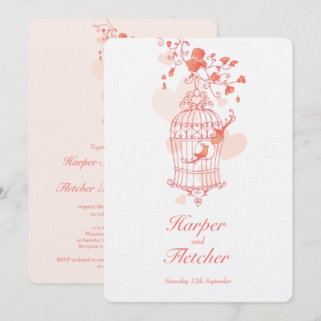 Zwei Liebesvögel öffnen Vogelkäfig Hochzeitskorall Einladung (Vorne/Hinten)