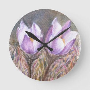 ZWEI LILA CROCUSWALL CLOCK RUNDE WANDUHR