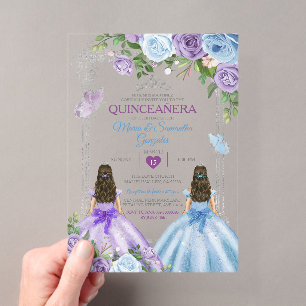 ZWEI Lila und blaue Schmetterlinge Silber Quinceañ Acryleinladungen