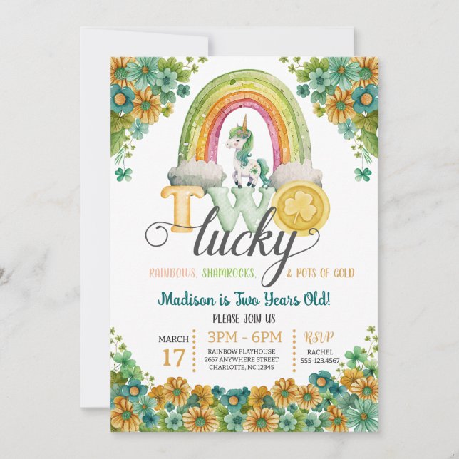 Zwei Lucky Rainbow Unicorn Sonnenblume 2. Geburtst Einladung (Vorderseite)