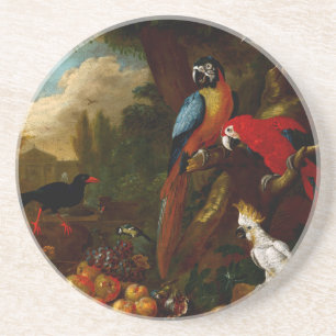 Zwei Macaws ein Cockatoo und eine Jay mit Obst Getränkeuntersetzer